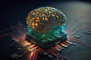 circuito tablero en forma de artificial inteligencia cerebro, ai máquina aprendizaje concepto. generativo ai foto