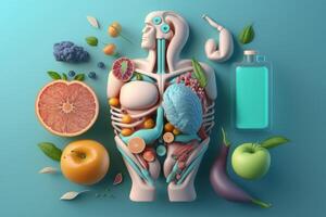 frutas formando un humano cuerpo metabolismo y nutrición, comiendo dieta comida para energía y digestión. generativo ai foto