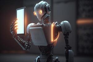 Ai Robot working using tablet. Futuristic Humanoid worker. photo