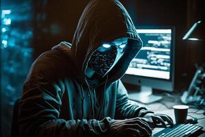Hooded Hacker with mask using Laptop Break or Attack into Data server. Hacking, Coding or Malware concept. photo