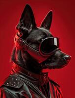 Portrait of bad dogs wearing jacket on red background. Created photo