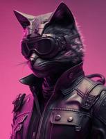 Portrait of Cat wearing black jacket on pink background. Created Generative Ai photo