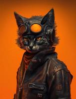 Portrait of Cat wearing black jacket on orange background. Created Generative Ai photo