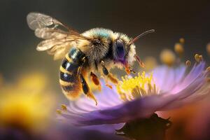 Close up Realistic Flying Honey Bees collecting pollen on flowers. Created with photo