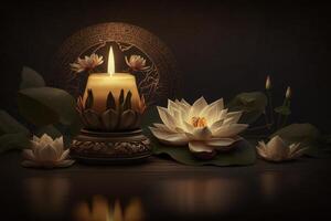 Lotus flower with candle light background, Buddha purnima Vesak day. photo