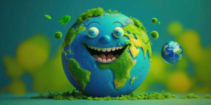 Joyful Earth character laughting on blue background, Happy Earth day, World laughter day. photo