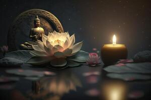 Lotus flower with candle light background, Buddha purnima Vesak day. photo