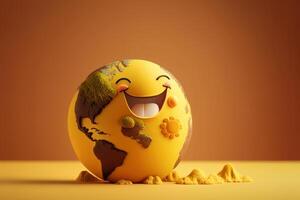 Cute Earth character laughting on yellow background, Happy Earth day, World laughter day. photo