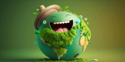 Joyful Earth character laughting on green background, Happy Earth day, World laughter day. photo