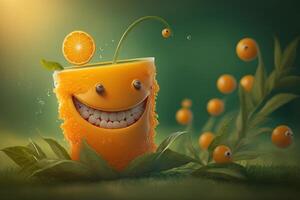 Cheerfull glass of Orange juice character smiling background. Freshy Orange juice. Created photo