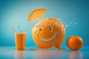 Cheerfull glass of Orange juice character smiling background. Freshy Orange juice. Created photo