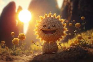 Joyful sun character laughting in fantasy world background. Created Generativa ai photo