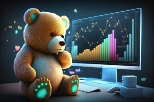 Cute Bear with computer, Bearish in Stock market and Crypto currency. photo