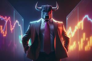 Bull wearing suit working with graph on screen, Bullish in Stock market and Crypto currency. Created photo