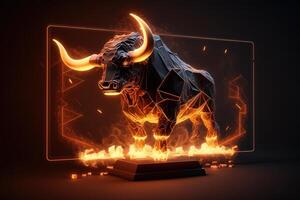 Fire sculpture of Bull, Bullish divergence in Stock market and Crypto currency. Created photo