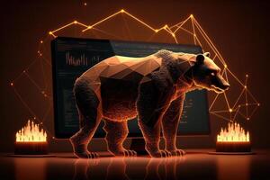 Fire sculpture of bear in front of computer screen, Bearish divergence in Stock market and Crypto currency. Created photo