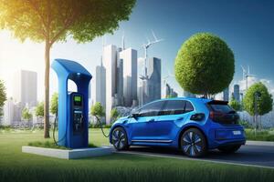 Electric car is charging at the charger station. EV Car futuristic vehicle concept. photo