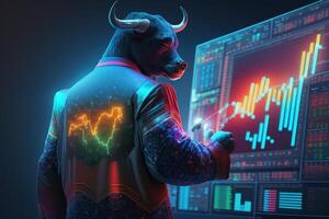 Bull wearing suit working with graph on screen, Bullish in Stock market and Crypto currency. Created photo