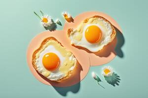 Fried eggs on pastel color background, Healthy breakfast. Created photo