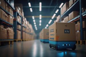 Automated robotics delivering cardboard Boxes in warehouse, Distribution logistics center concept. Created photo