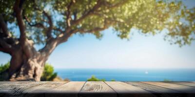 vacío de madera mesa en mar fondo, escritorio de gratis espacio para producto mostrar. creado generativo ai foto