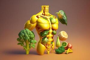 Vegetables forming a human body metabolism and nutrition, Eating Diet Food for Energy and Digestion. Created photo