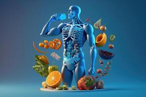 frutas formando un humano cuerpo metabolismo y nutrición, comiendo dieta comida para energía y digestión. generativo ai foto