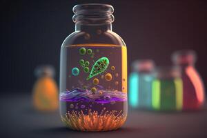 Realistic colorful bacteria in a glass bottle closed environment. Created with photo