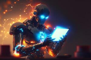 Ai Robot working using tablet. Futuristic Humanoid worker. photo