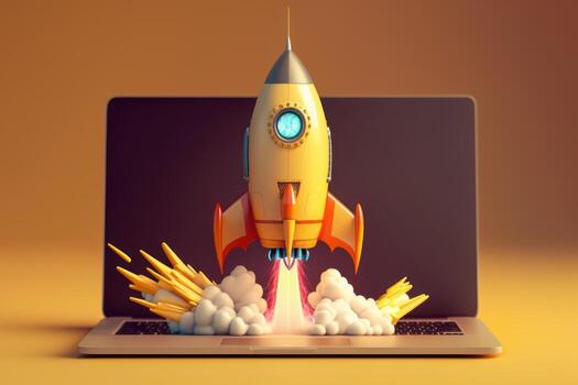 cohete lanzamiento fuera desde ordenador portátil en amarillo fondo, negocio puesta en marcha concepto. creado generativo ai foto