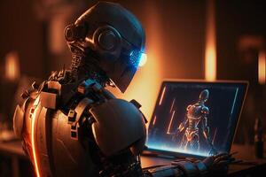 Ai Robot working using tablet. Futuristic Humanoid worker. photo
