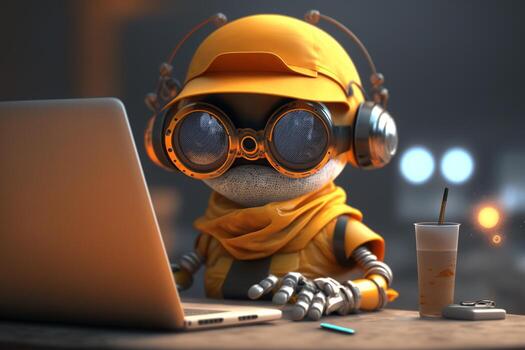 Cute Chatbot with glasses working with keyboard and computer. photo