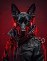 retrato de malo perros vistiendo chaqueta en rojo antecedentes. creado generativo ai foto