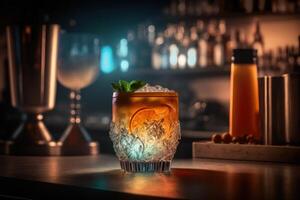 A glass of cocktail with glowing light background. Created photo