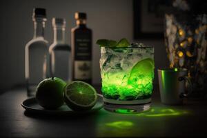 A glass of cocktail with glowing light background. Created photo