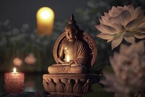 Buddha statue with Candle light, Buddha purnima Vesak day background. photo