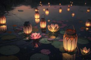 loto linternas flotante en río con vela ligero fondo, Buda purnima vesak día. generativo ai foto