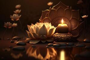 Lotus flower with candle light background, Buddha purnima Vesak day. photo