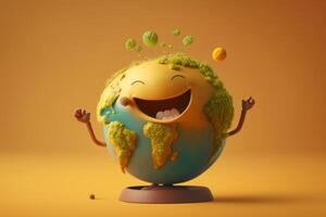 Cute Earth character laughting on yellow background, Happy Earth day, World laughter day. photo