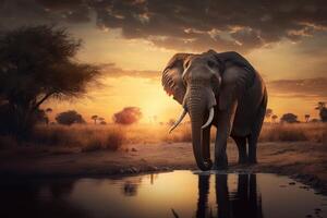 Elephants in savannah African wildlife on sunset background, Africa day. Created photo