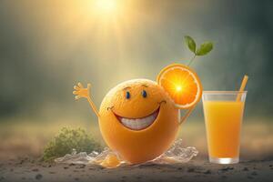 Cheerful Orange character smiling on green background. Created photo