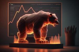 Fire sculpture of bear in front of computer screen, Bearish divergence in Stock market and Crypto currency. Created photo