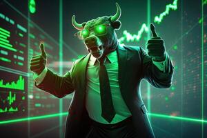 Bull bullish divergence in Stock market and Crypto currency with green graph background. Created photo