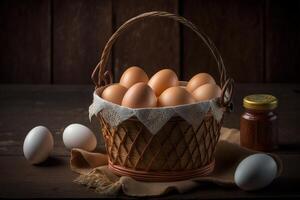 Chicken eggs in the basket background. photo