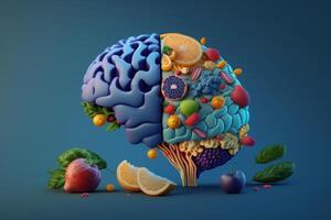 varios frutas formando un creativo cerebro, comiendo sano comida como nutrición a mejorar memoria y pensamiento. generativo ai foto