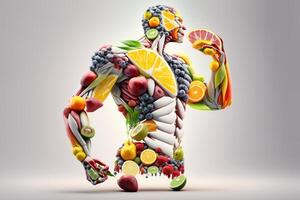 frutas formando un fuerte cuerpo, hombre posando muscular cuerpo constructor, comiendo dieta comida para digestión. generativo ai foto