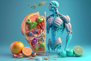 frutas formando un humano cuerpo metabolismo y nutrición, comiendo dieta comida para energía y digestión. generativo ai foto