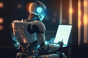 Ai Robot working using tablet. Futuristic Humanoid worker. photo