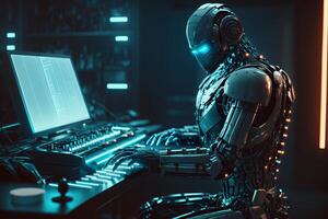 Ai Robot working with computer. Futuristic Humanoid worker. photo