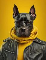 Portrait of bad dogs wearing jacket on yellow background. Created photo